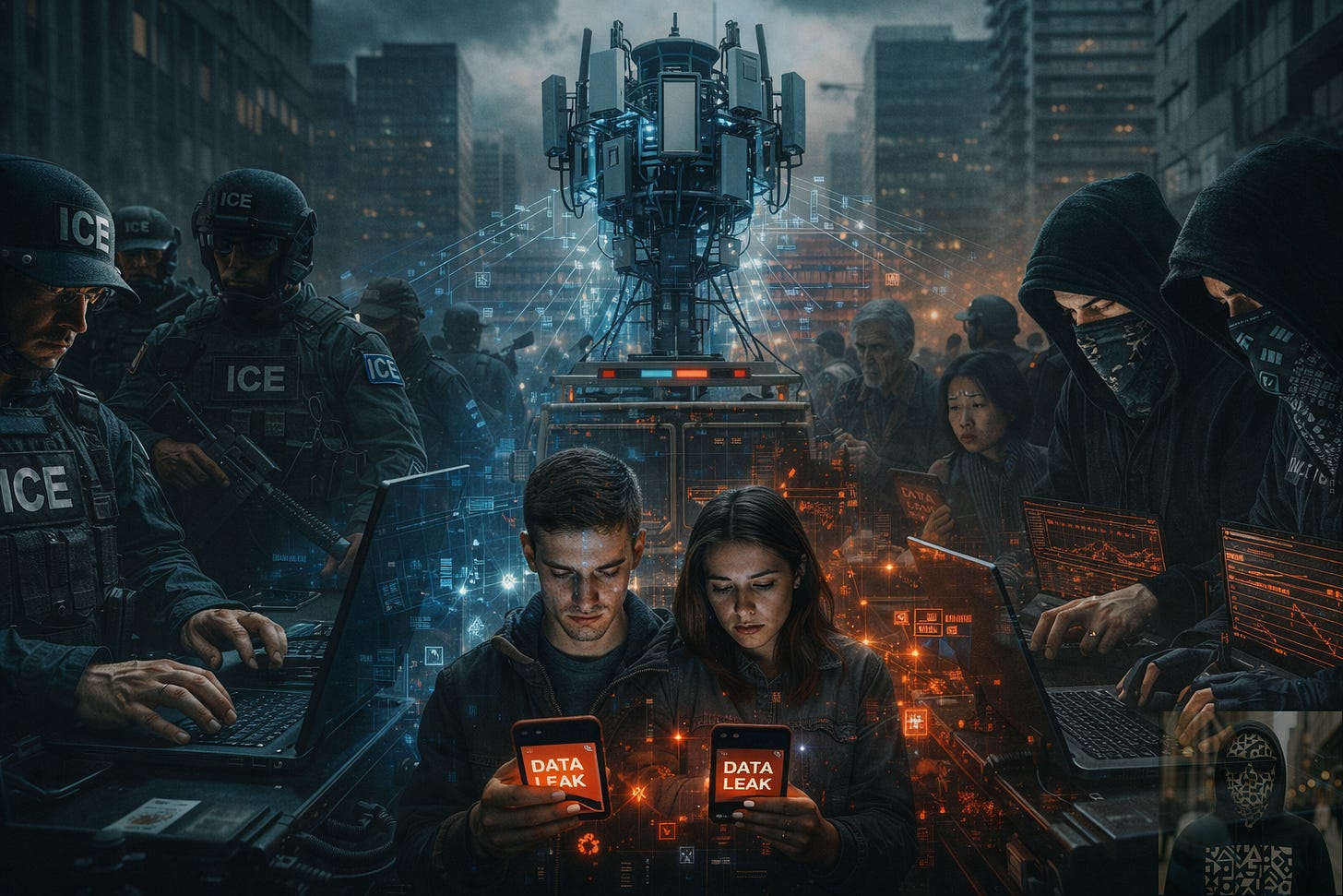 cityscape transformed into a digital battleground. Federal agents and masked hacktivists operate opposing cyber systems around a simulated cell-tower surveillance hub, while civilians stand between them receiving data breach alerts on their phones. Glowing data streams, network overlays, and exposed personal information illustrate how surveillance technology and cyber conflict converge, placing everyday people at the center of a low-intensity digital warfare environment.
