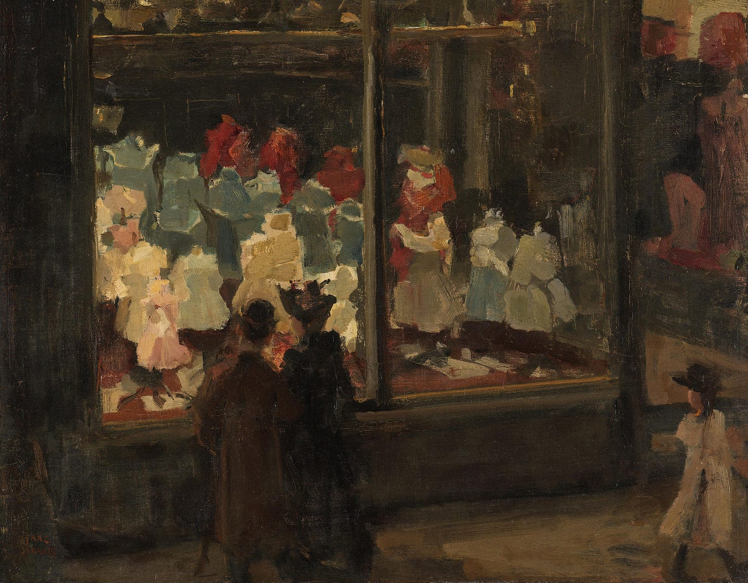 A painting of a couple looking at children’s apparel through the window of a clothing store. A painting of a couple looking at children’s apparel through the window of a clothing store.