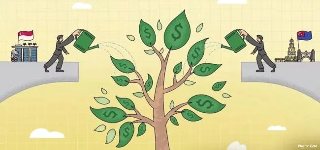 Dessin dans un style enfantin montrant, des deux côtés d'un détroit, un jardinier de Malaisie et un de Singapour arroser un arbre avec leurs arrosoirs. Sur les feuilles vertes de l'arbre, on voit le sigle du dollar. Dessin dans un style enfantin montrant, des deux côtés d'un détroit, un jardinier de Malaisie et un de Singapour arroser un arbre avec leurs arrosoirs. Sur les feuilles vertes de l'arbre, on voit le sigle du dollar.