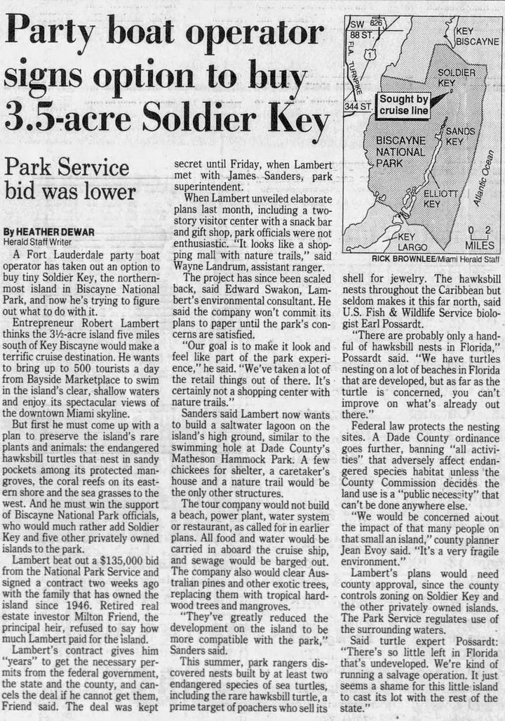 newspaper clippings about plans to develop soldier key one features an image of the florida princess cruise ship a party boat passing under a bridge