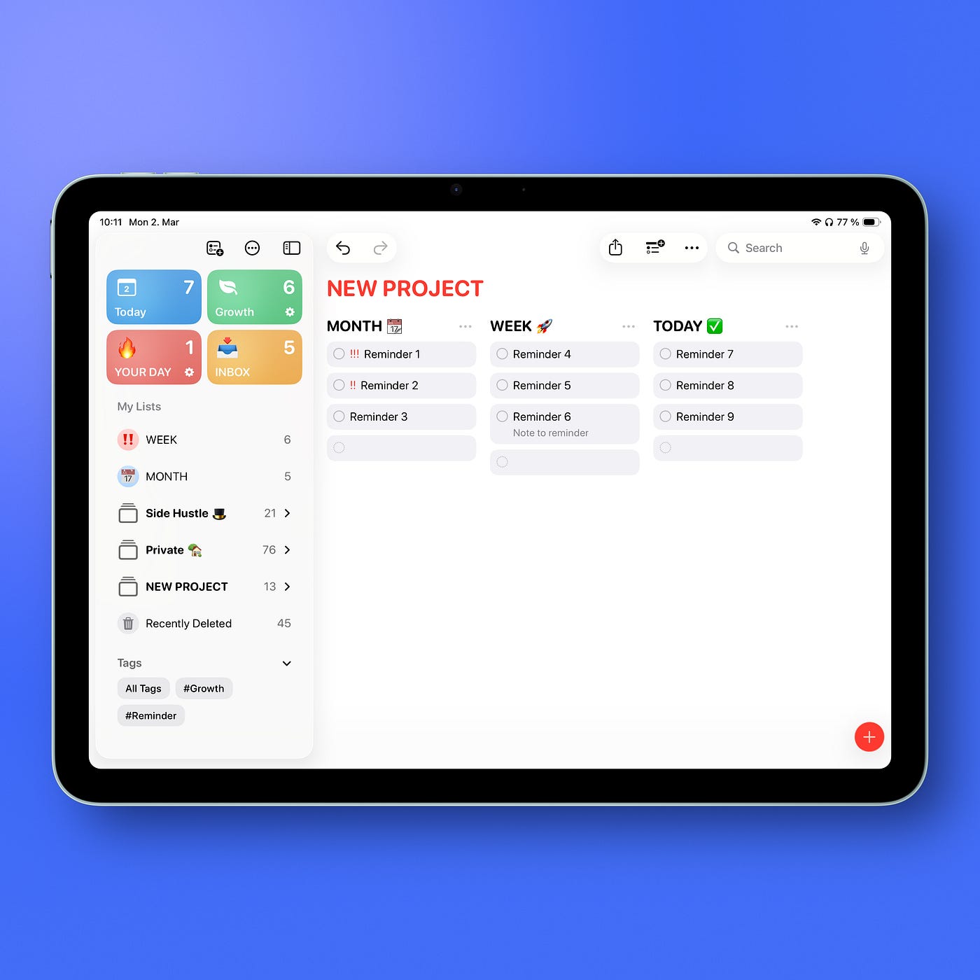 Column view in Apple Reminders on iPad Air with columns Month, Week, Today