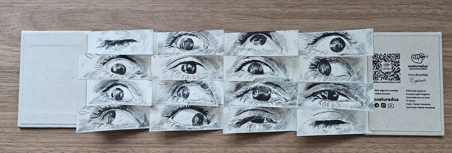 livreto aberto,e ele se estende horizontalmente. são cinco seções para além da capa dura. cada uma dessas seções tem diversas imagens de lhos em preto e branco, que parecem desenhados, apesar de bem realistas. eles olham para diferentes direções. a sensação é de ser observado.