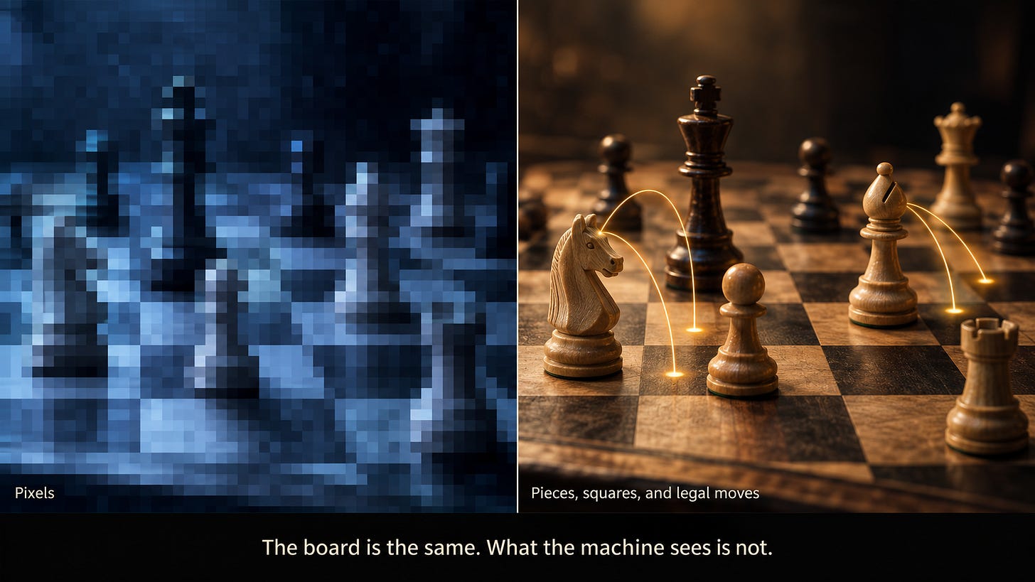 Two photographs of the same chessboard mid-game. On the left it is rendered as coarse grey pixels with the pieces barely distinguishable, lit in cold blue. On the right the same board is sharp and warmly lit, with faint glowing lines tracing the legal moves available to several pieces. Text reads: Pixels. Pieces, squares, and legal moves. The board is the same. What the machine sees is not. Two photographs of the same chessboard mid-game. On the left it is rendered as coarse grey pixels with the pieces barely distinguishable, lit in cold blue. On the right the same board is sharp and warmly lit, with faint glowing lines tracing the legal moves available to several pieces. Text reads: Pixels. Pieces, squares, and legal moves. The board is the same. What the machine sees is not.