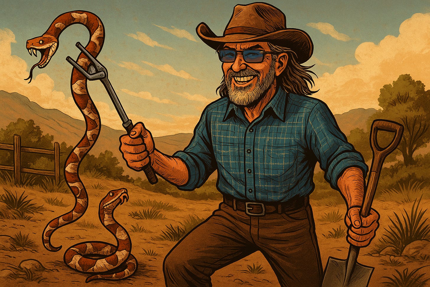 Illustrated man in a cowboy hat holding a copperhead snake with tongs and a shovel, smiling confidently in a dusty backyard landscape with another snake at his feet.