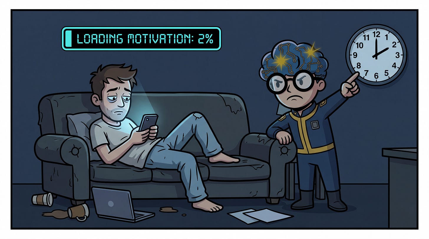 BD satirique : Michel attend sa motivation sur un canapé avec une barre de chargement à 2% tandis que le GMIND-BOY observe avec dédain.