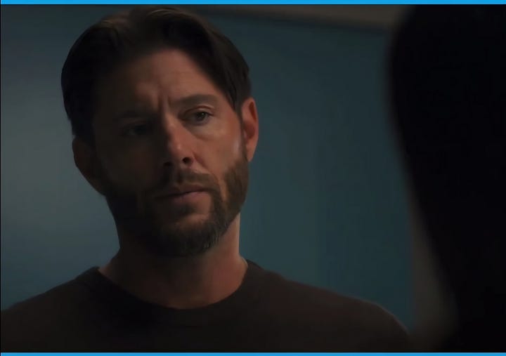 Jensen Ackles looking intensely on Countdown thinking about bones with Jared Padalecki