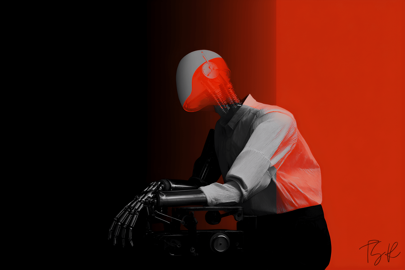 Mostly black-and-red image of a humanoid robot dressed in a worker’s shirt and slacks, leaning forward with head tilted and hands held close together at the wrists, exuding a sense of ennui and weary contemplation. Mostly black-and-red image of a humanoid robot dressed in a worker’s shirt and slacks, leaning forward with head tilted and hands held close together at the wrists, exuding a sense of ennui and weary contemplation.