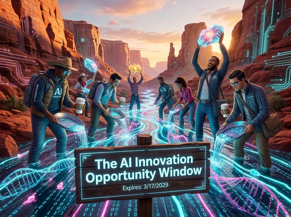 A group of people stand in a canyon at sunset, panning for glowing digital particles in a river made of neon light and binary code. Some hold bright crystal‑like objects, while others sift through the stream with metal pans. The canyon walls have circuit‑like patterns, and a wooden sign reads “The AI Innovation Opportunity Window Expires: 3/17/2029."