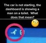 Auto nestartuje a na palubní desce svítí ikona člověka sedícího na záchodě. Ikona: -4° Auto nestartuje a na palubní desce svítí ikona člověka sedícího na záchodě. Ikona: -4°