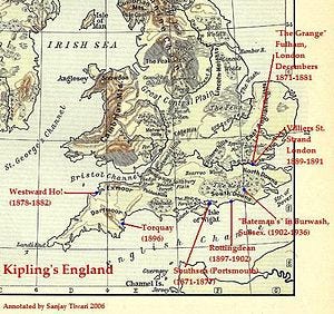 Kipling's England: A map of England showing Kipling's homes Kipling's England: A map of England showing Kipling's homes