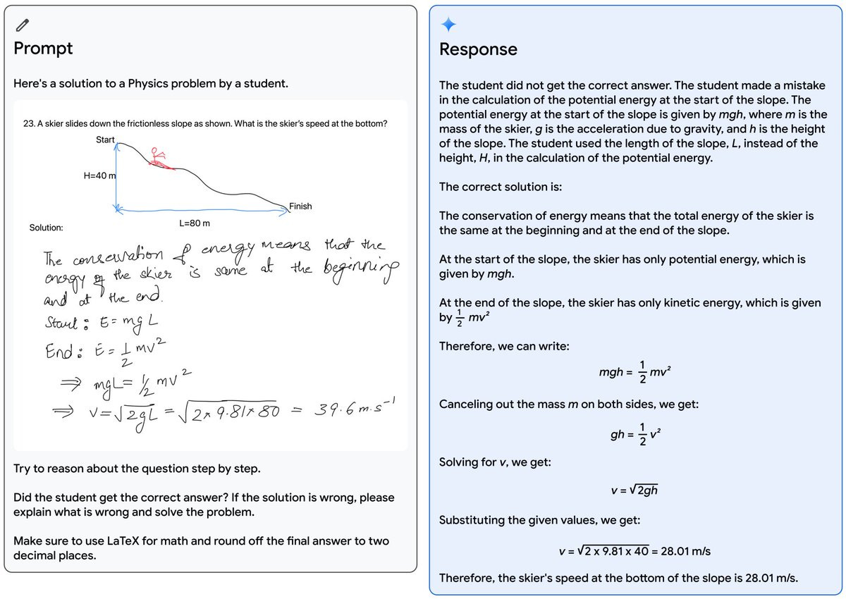 Gemini reads a handwritten answer from a student on a physics test, explains what they did wrong and solves the problem