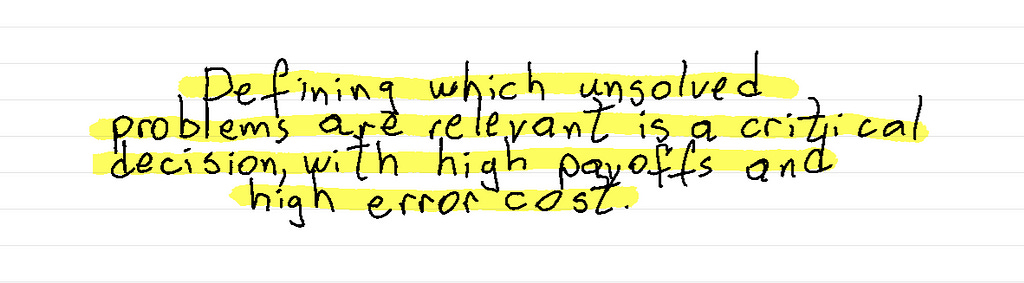 Defining which unsolved problems are relevant is a critical decision, with high payoffs and high error cost.