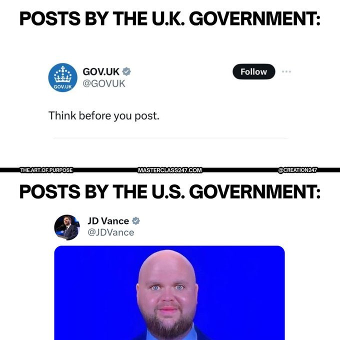 Two social media posts side by side. The top post shows the GOV.UK logo with the text "Think before you post." The bottom post shows J.D. Vance with a blue background and text "@JDVance." Watermarks from X and "MASTERCLASS247.COM" and "CREATION247" are present.