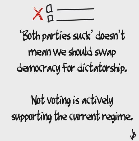 May be a graphic of text that says 'Xg= XB 'Both parties suck' doesn't mean we should swap democracy for dictatorship. Not voting is actively supporting the current regime.' May be a graphic of text that says 'Xg= XB 'Both parties suck' doesn't mean we should swap democracy for dictatorship. Not voting is actively supporting the current regime.'