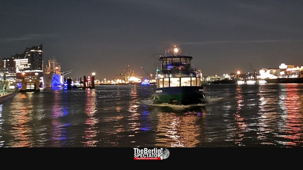 The Elbe Philharmonic and the Port of Hamburg are lit up like a Christmas tree.