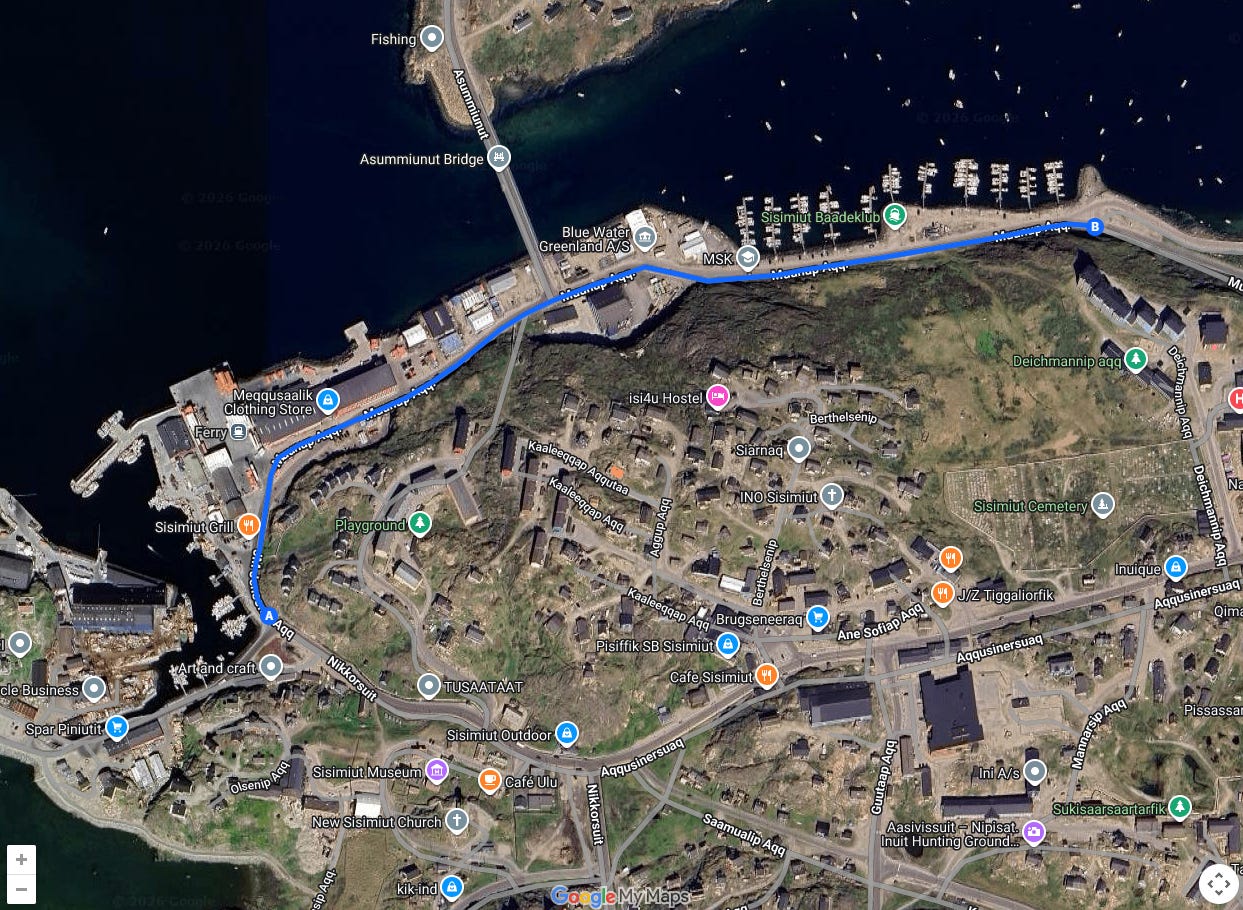 Google map of Sisimiut showing the route of my Colour Walk