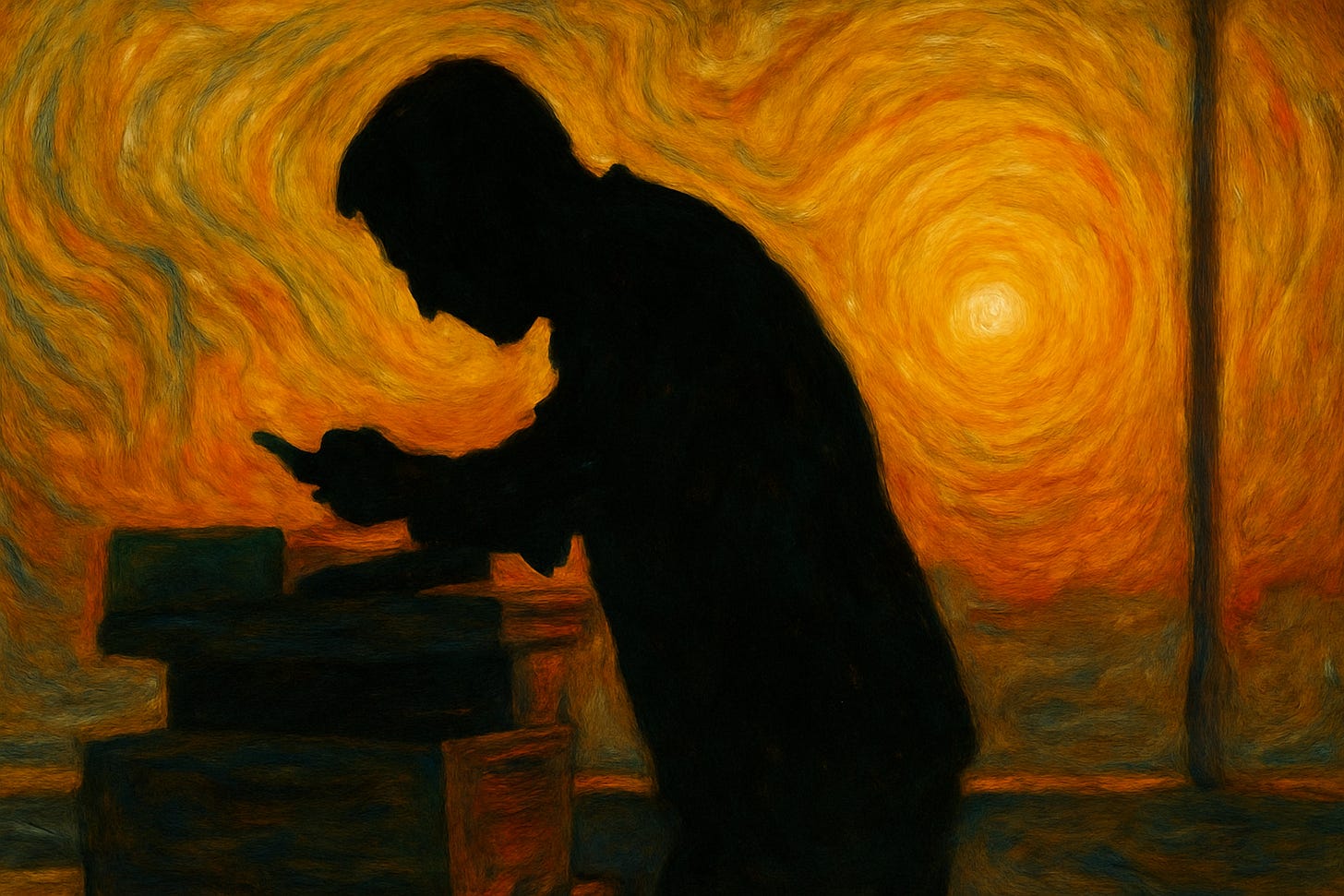 Expressionist oil painting of a silhouetted man leaning over a photocopier with a phone in his hand. Behind him, a glowing orange sunset fills the office windows, rendered in swirling, fiery brushstrokes that contrast against the stark black silhouette. Expressionist oil painting of a silhouetted man leaning over a photocopier with a phone in his hand. Behind him, a glowing orange sunset fills the office windows, rendered in swirling, fiery brushstrokes that contrast against the stark black silhouette.