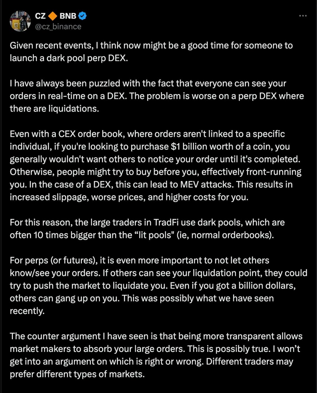 <center>图片说明：CZ 评论暗池</center><center>图片来源：https://x.com/cz_binance/status/1929246168833229243</center>