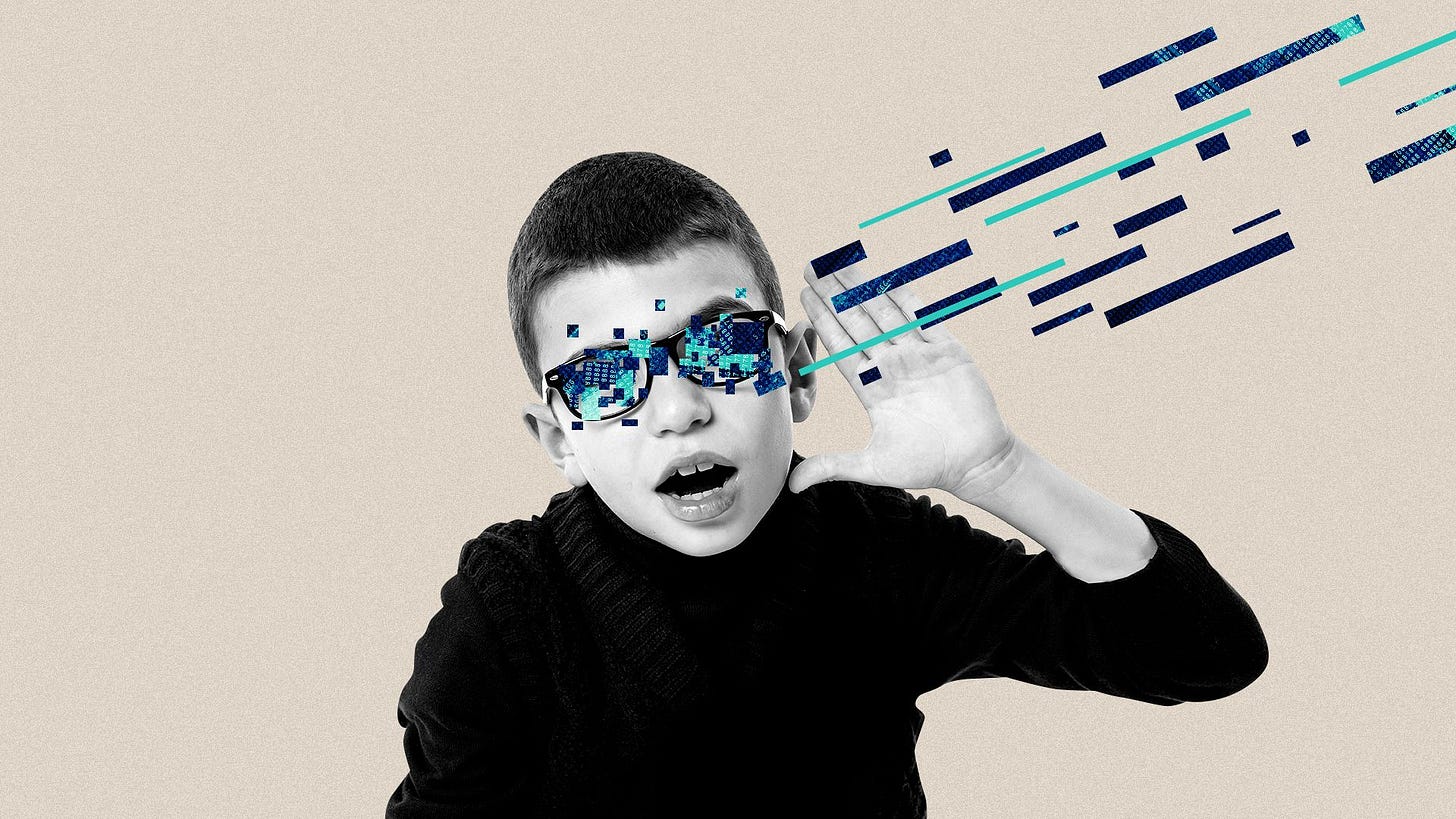 Illustration of a young boy holding his hand up as if listening to a secret with abstract rectangles of binary code and blue tones moving into his ear. 