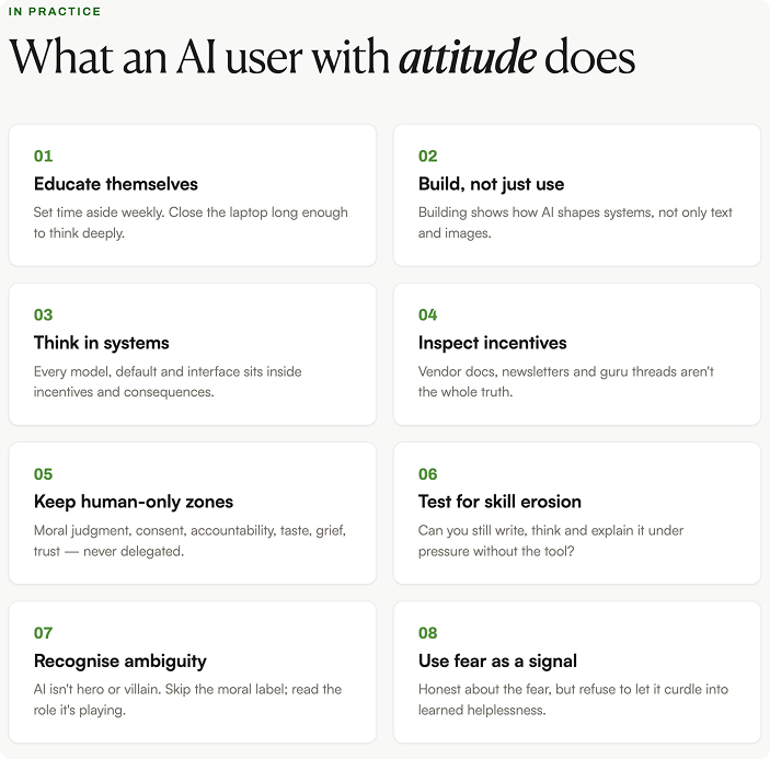 Eight-card infographic titled "What an AI user with attitude does," listing critical AI literacy habits: educate themselves, build not just use, think in systems, inspect incentives, keep human-only zones, test for skill erosion, recognise ambiguity, and use fear as a signal. Eight-card infographic titled "What an AI user with attitude does," listing critical AI literacy habits: educate themselves, build not just use, think in systems, inspect incentives, keep human-only zones, test for skill erosion, recognise ambiguity, and use fear as a signal.