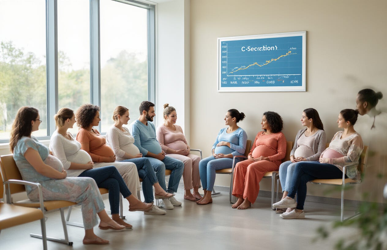 Create a realistic image of a diverse group of pregnant women sitting in a modern hospital waiting room, with a visible chart on the wall showing the rising trend of C-section deliveries over the years, soft natural lighting coming through large windows, creating a thoughtful atmosphere that conveys both medical necessity and patient concern. Create a realistic image of a diverse group of pregnant women sitting in a modern hospital waiting room, with a visible chart on the wall showing the rising trend of C-section deliveries over the years, soft natural lighting coming through large windows, creating a thoughtful atmosphere that conveys both medical necessity and patient concern.