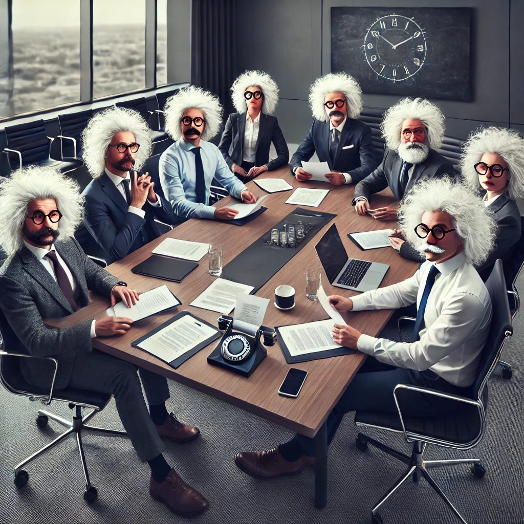 A photo-realistic image of several people who resemble Albert Einstein, with wild white hair, mustaches, and glasses, sitting around a conference table. They are dressed in business attire, discussing papers and documents. The setting is a modern conference room with a large table, laptops, and notebooks. The atmosphere is serious, yet with a touch of humor due to the fact that everyone looks like Einstein.
