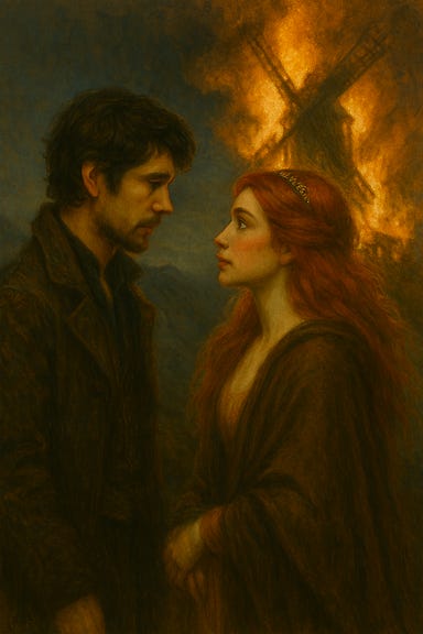 A dramatic gothic fantasy scene featuring Felonious, visually inspired by Ben Whishaw, speaking with Ireena, visually inspired by Tamsin Mackenzie as a redhead. They stand in a windswept field at twilight, with the burning windmill of Old Bonegrinder in the background—flames licking the sky, smoke curling into mist. Felonious wears a dark, tattered cloak and gestures with one hand, his expression intense and thoughtful. Ireena wears a travel-stained cloak over a crimson dress, her red hair glowing in the firelight, her face resolute and sorrowful. The atmosphere is tense, emotional, and cinematic.