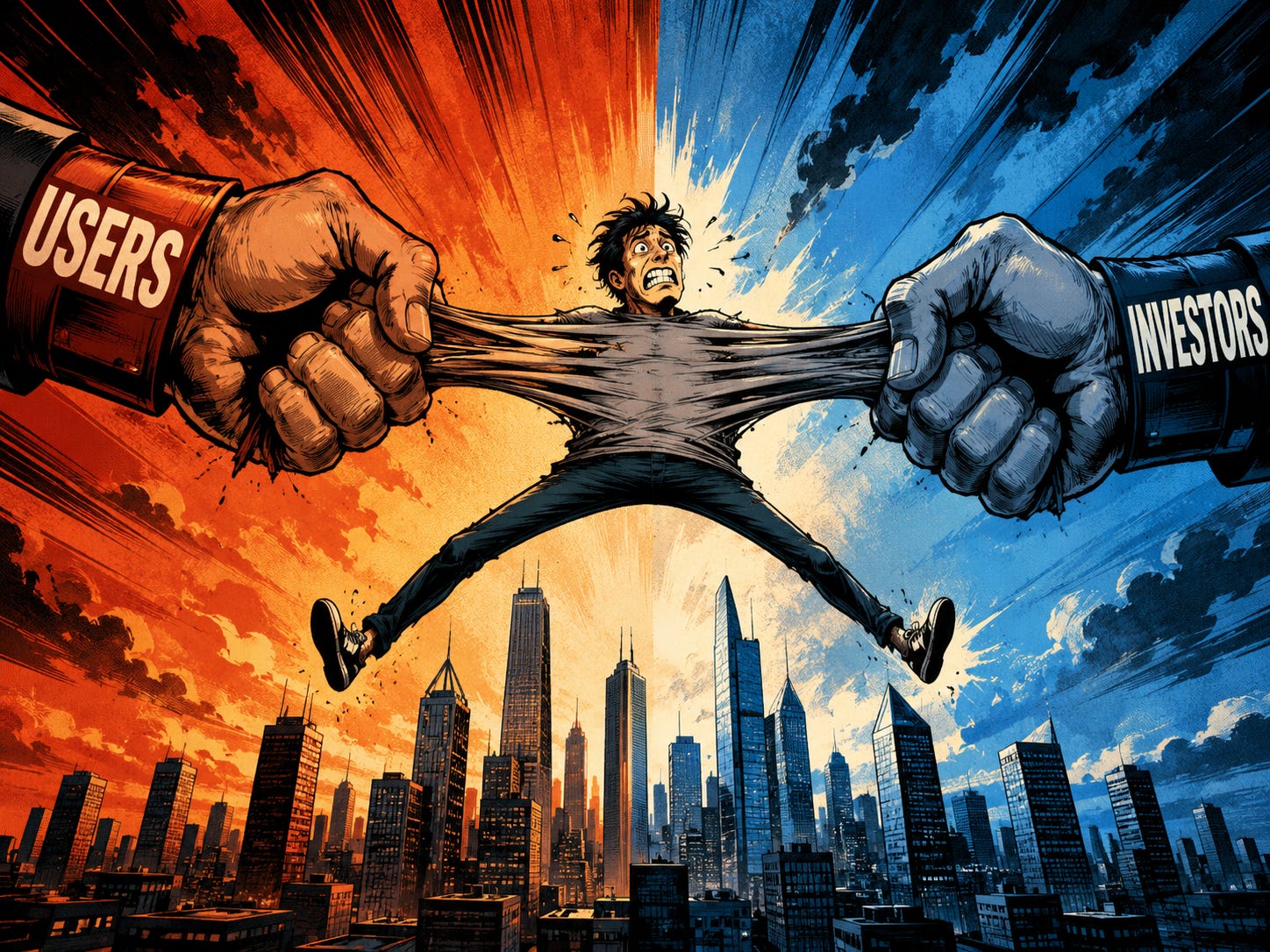 Comic-style founder stretched between giant hands labeled users and investors.