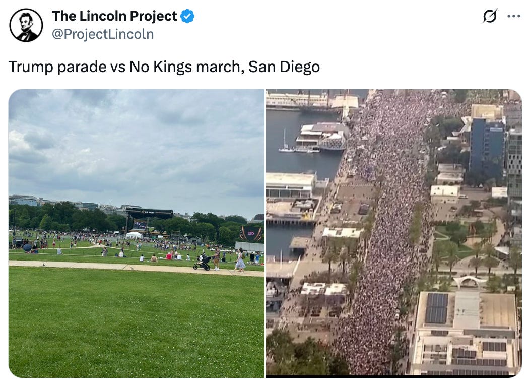   See new posts Conversation The Lincoln Project @ProjectLincoln Trump parade vs No Kings march, San Diego