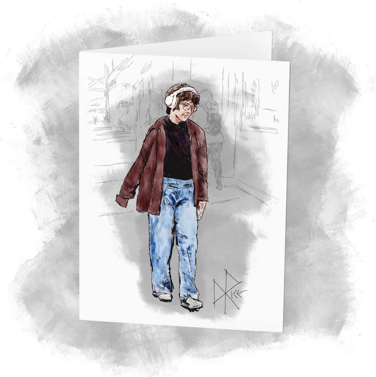 Enjoying a warm autumn day while listening to music on headphones, walking with a smile and arms swinging. Sketch art by Don Rice.