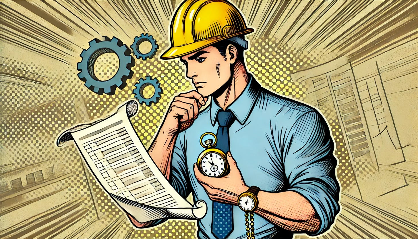 A vintage comic book-style illustration of a data engineer wearing a yellow safety helmet, holding a pocket watch in one hand and a piece of paper in the other. The character is dressed in a collared shirt with rolled-up sleeves, looking thoughtful as they examine the paper. The background is subtle, featuring elements like computer monitors or gears, emphasizing a tech or analytical theme. The style includes bold black outlines, vibrant but slightly desaturated colors, and a retro comic aesthetic with dynamic shading and dramatic effects.