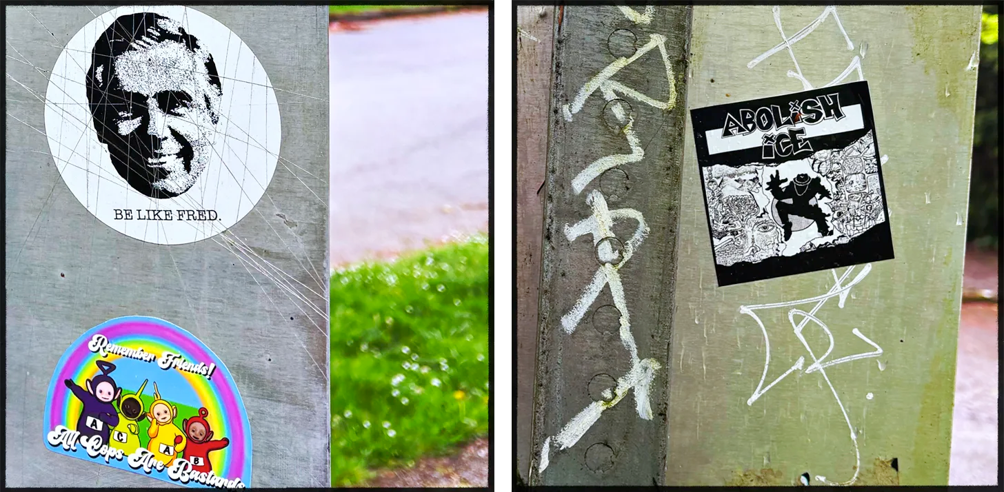 Two slap tags of Mr Rogers and Abolish ICE.