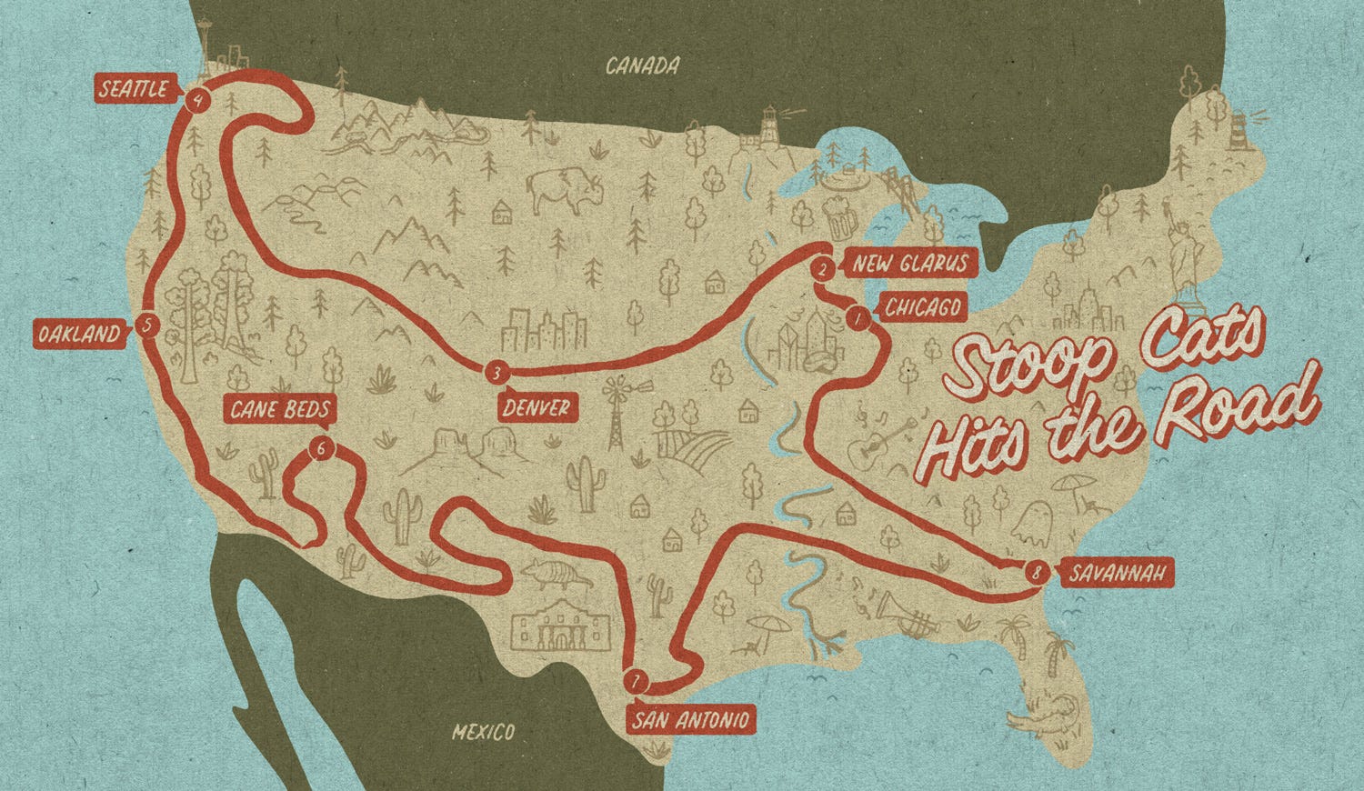 A map of the USA with a path between cities that make the shape of a cat