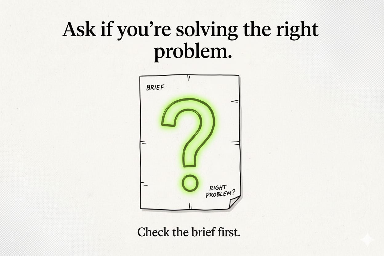 Editorial illustration: a document labeled “BRIEF” with a large question mark stamped over it and a handwritten note in the corner reading “RIGHT PROBLEM?”