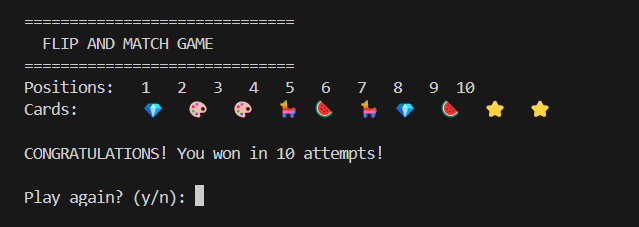 Terminal view of a completed flip-and-match game showing emoji cards, position numbers, and a congratulatory message: “You won in 10 attempts!” with a prompt to play again.