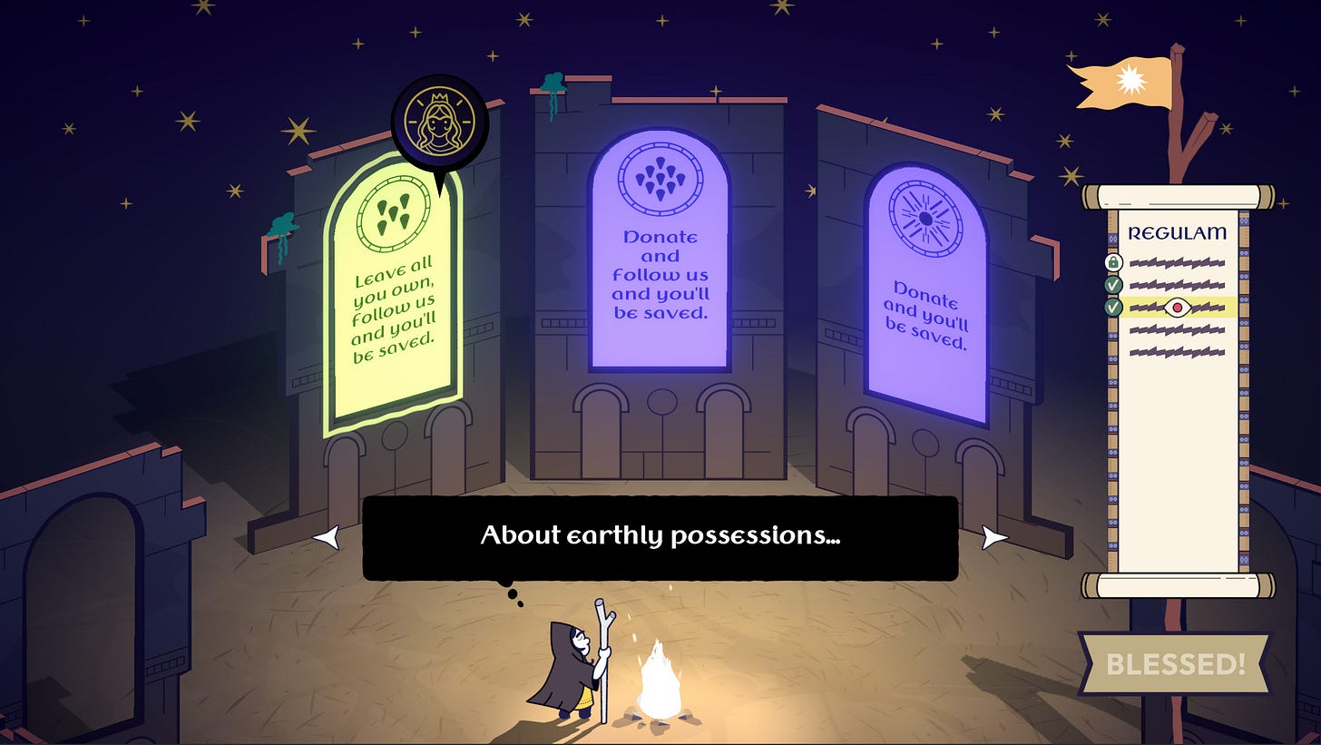 Three panels with one answer each for the question "about earthly possessions" with Becoming Saint main character below it.