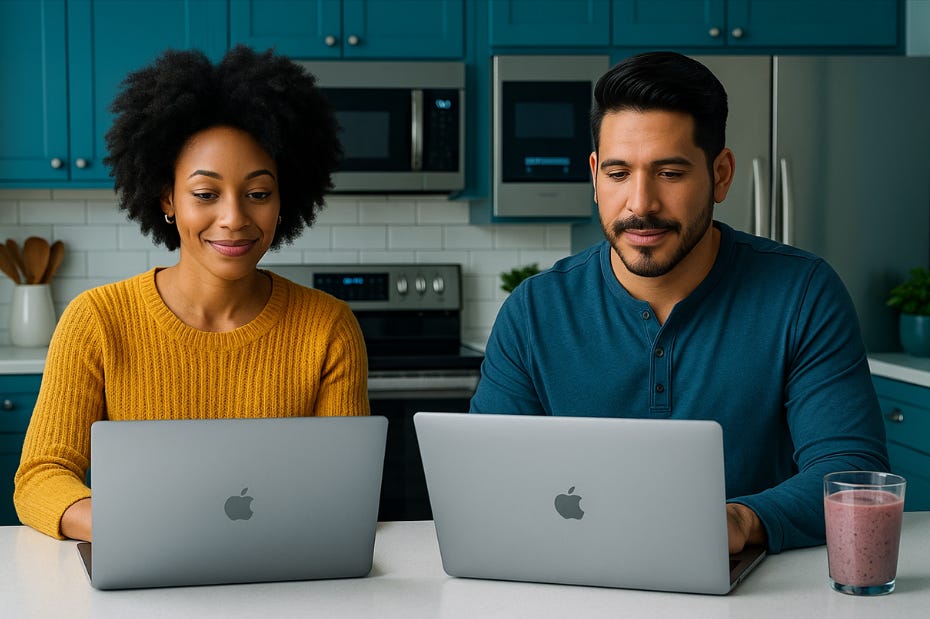 Milo and Kate sitting at a kitchen counter with laptops open, surrounded by smart appliances and a modern cooking setup.