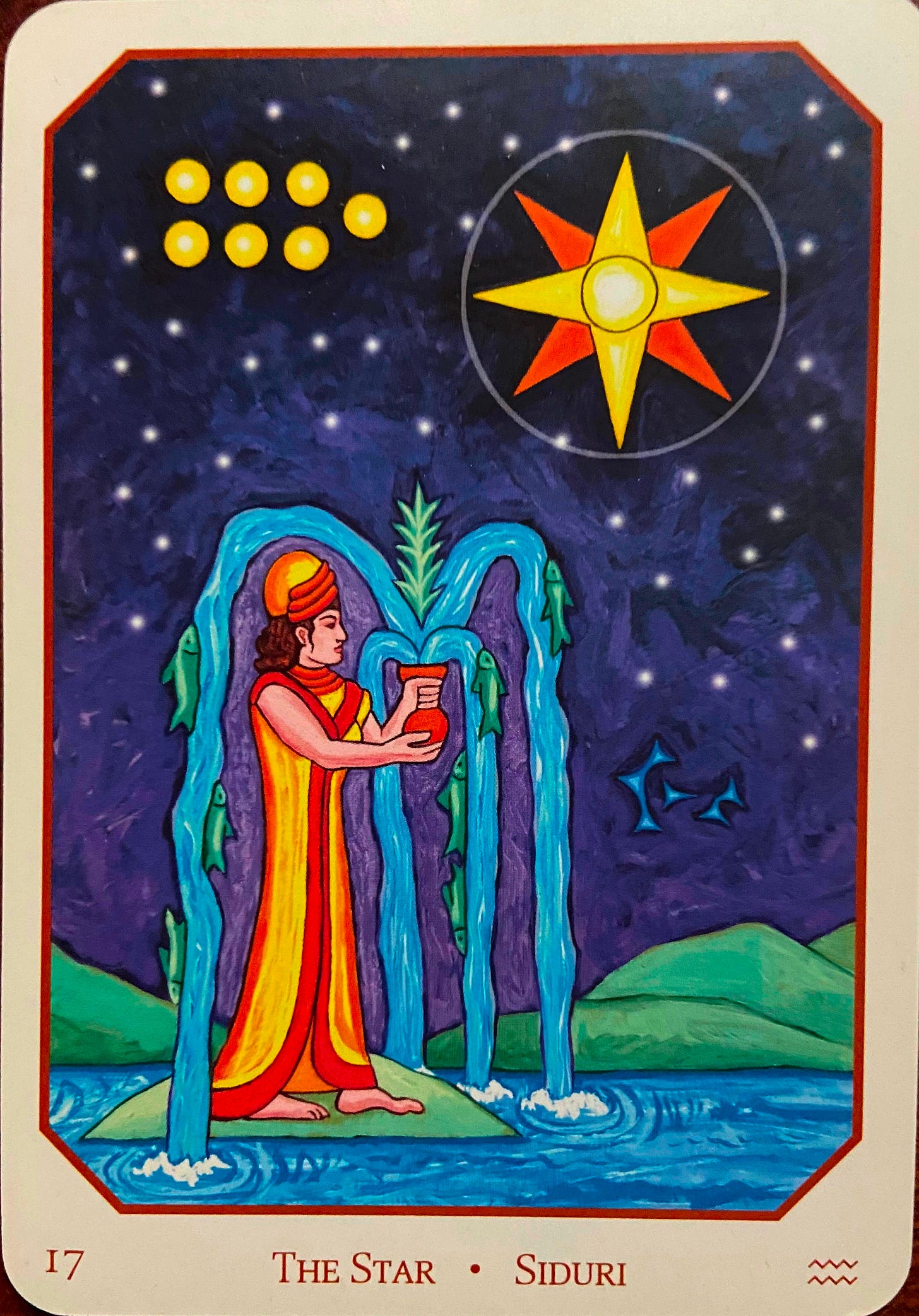 Against a dark-purple sky filled with stars and planets, a figure in yellow and red holds a red vessel from which pours four strong streams of water.  A small tree grows from the middle of those streams and many green fish swim upstream along them. The figure is standing on a tiny island in the midst of a body of water.