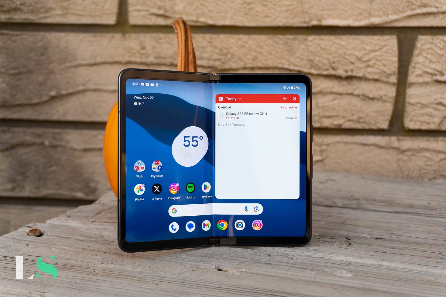 Google Pixel Fold against a pumpkin.