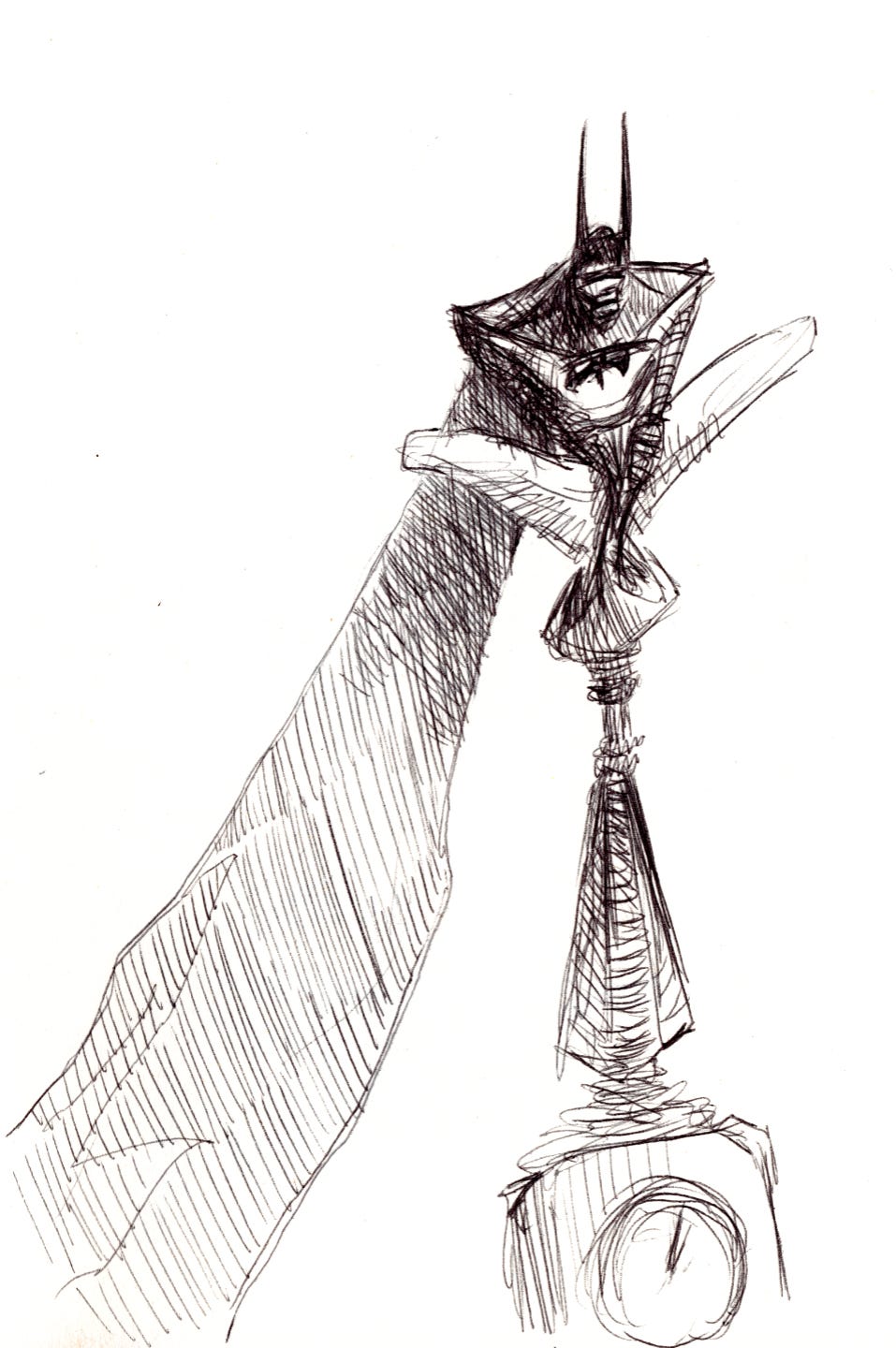Ballpoint sketch of Batman atop a spire.