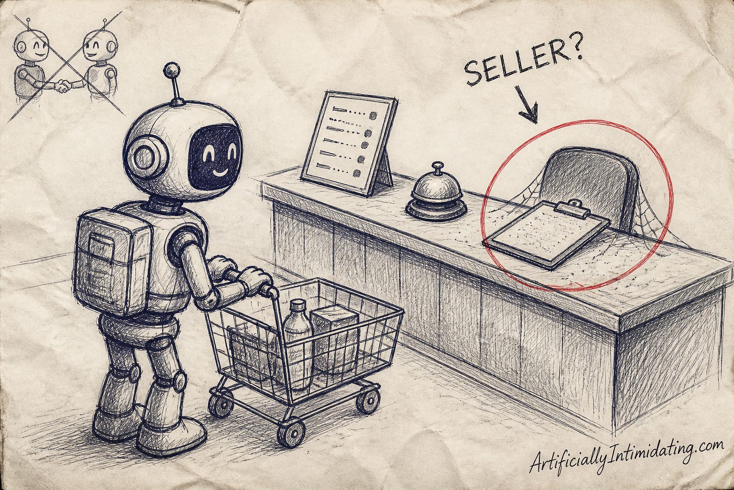 A friendly robot shopper pushes a cart to a shop counter with a price board and a bell, but the seller’s chair is empty with only a clipboard on it, circled in red, and a handwritten SELLER? with an arrow pointing at the chair. A friendly robot shopper pushes a cart to a shop counter with a price board and a bell, but the seller’s chair is empty with only a clipboard on it, circled in red, and a handwritten SELLER? with an arrow pointing at the chair.