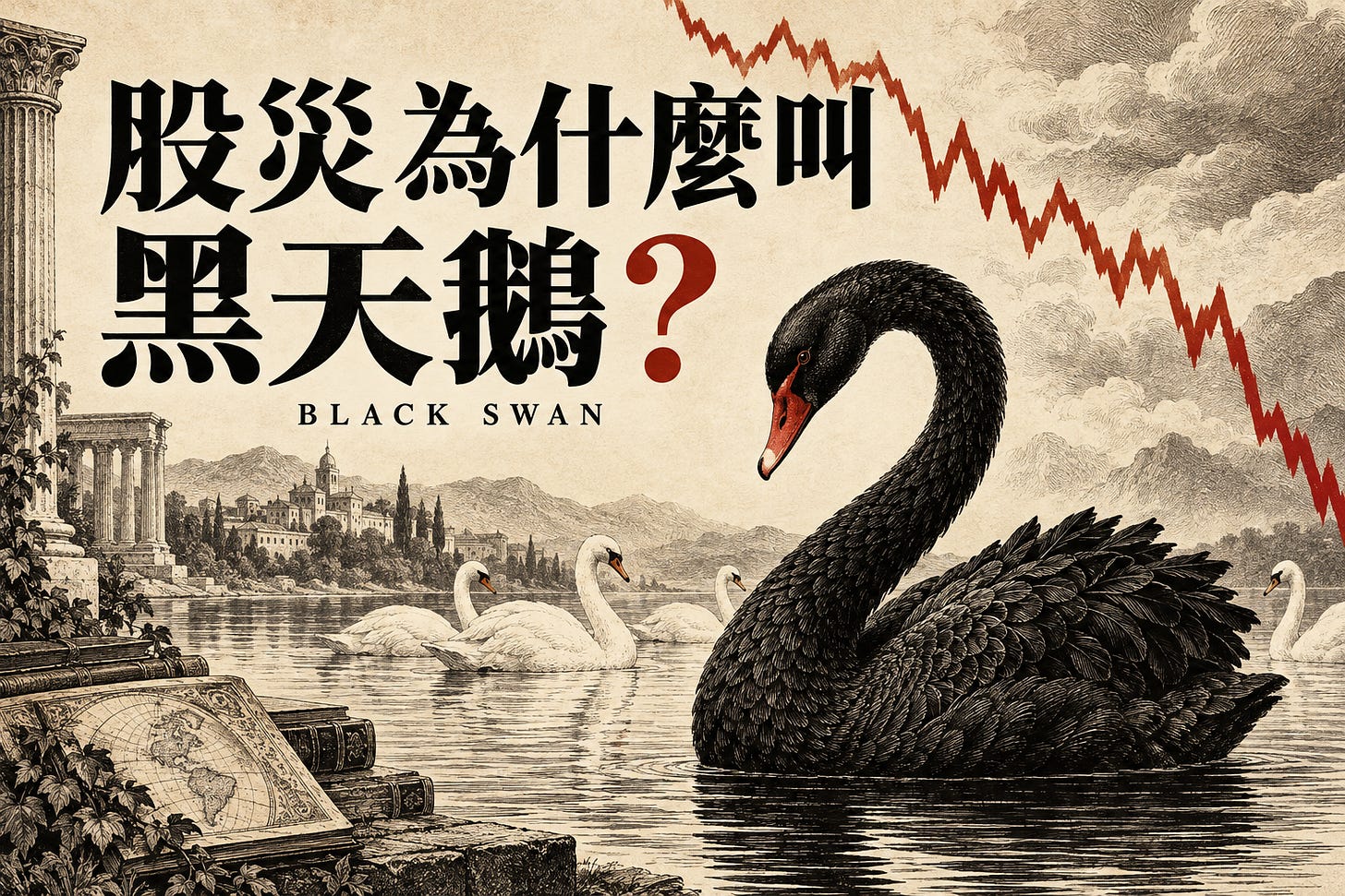 AI 生成知識文首圖:米色紙紋上的黑天鵝、白天鵝與象徵股災的紅色下跌曲線,標題為「股災為什麼叫黑天鵝?」。 AI 生成知識文首圖:米色紙紋上的黑天鵝、白天鵝與象徵股災的紅色下跌曲線,標題為「股災為什麼叫黑天鵝?」。