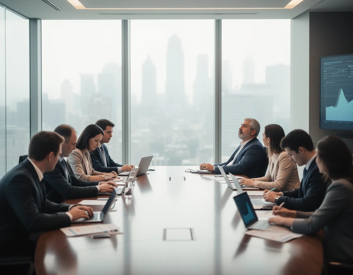 Board meeting with one of the members deep in a daydream