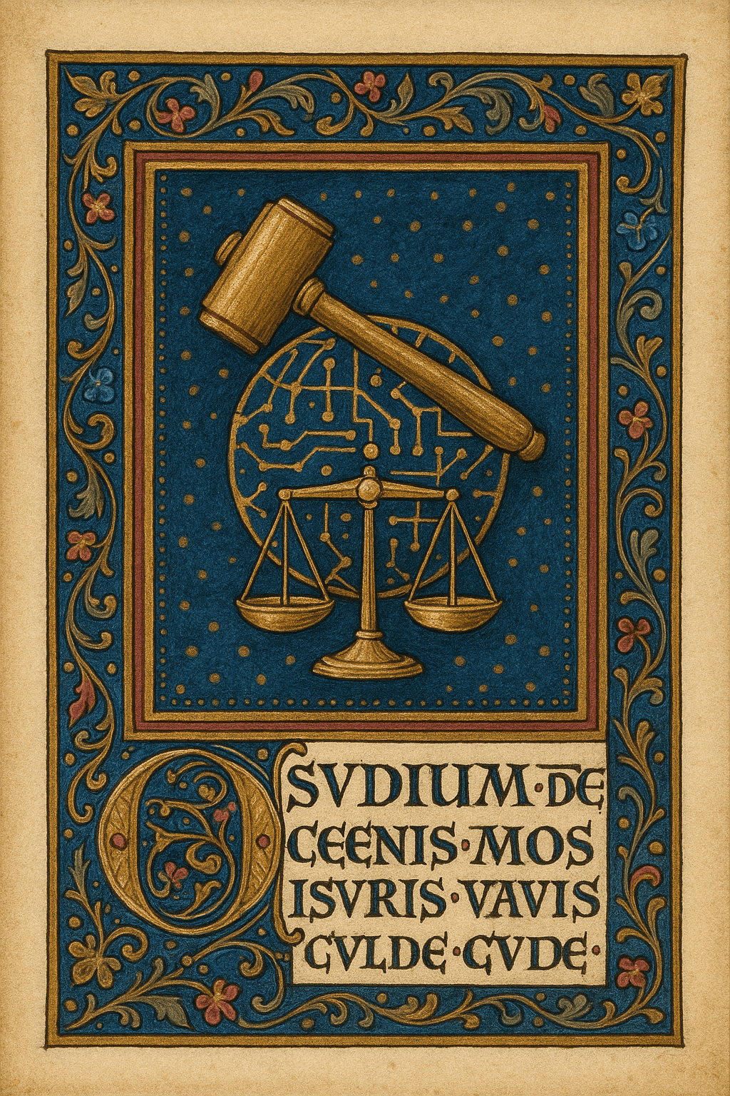 High Medieval Gothic illuminated manuscript with a gold hammer and scales of justice superimposed over a circuit board globe on a blue background.
