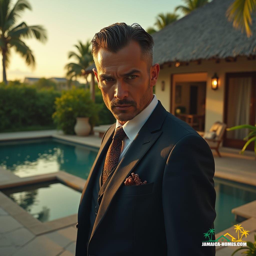 A sophisticated and suave Jamaican real estate agent, dressed in a tailored suit and standing in front of a luxurious Caribbean villa, looks directly at the camera with a hint of deceit in his eyes, as he gestures to the property's selling points, his facial expression a masterful blend of charm and duplicity. The atmosphere is tense, with a sense of foreboding, as the warm Jamaican sunlight casts long shadows across the agent's face, accentuating his features.