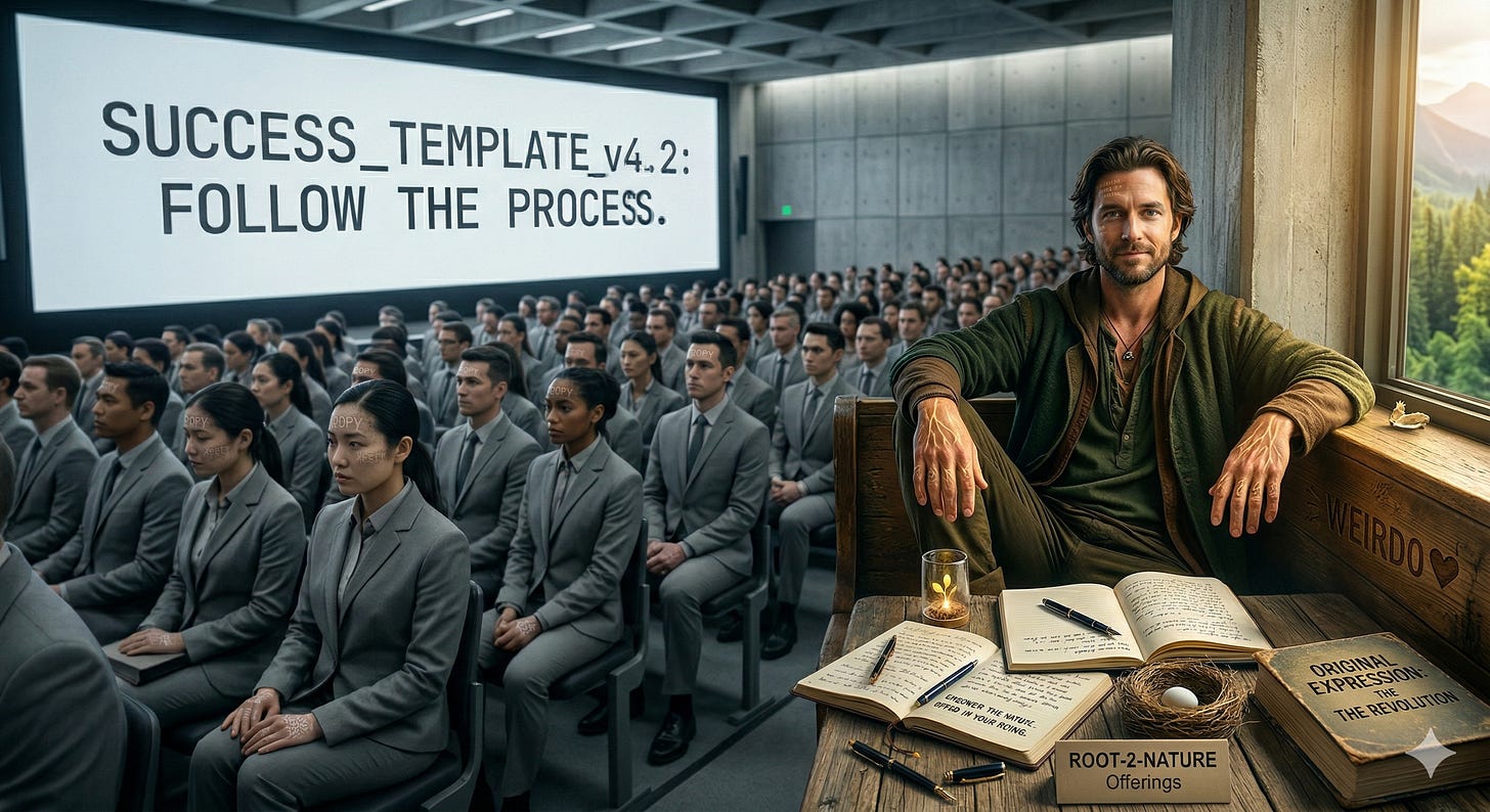 "A man sitting calmly in a room full of identical people, representing the struggle for authentic expression in a copy-and-paste culture." "A man sitting calmly in a room full of identical people, representing the struggle for authentic expression in a copy-and-paste culture."