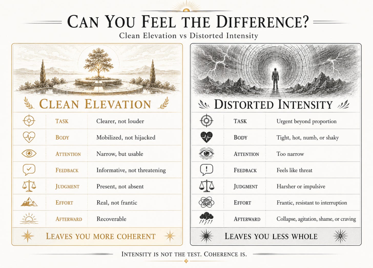 Two-column infographic comparing clean elevation and distorted intensity across task clarity, body state, attention, feedback, judgment, effort, and aftermath. Two-column infographic comparing clean elevation and distorted intensity across task clarity, body state, attention, feedback, judgment, effort, and aftermath.