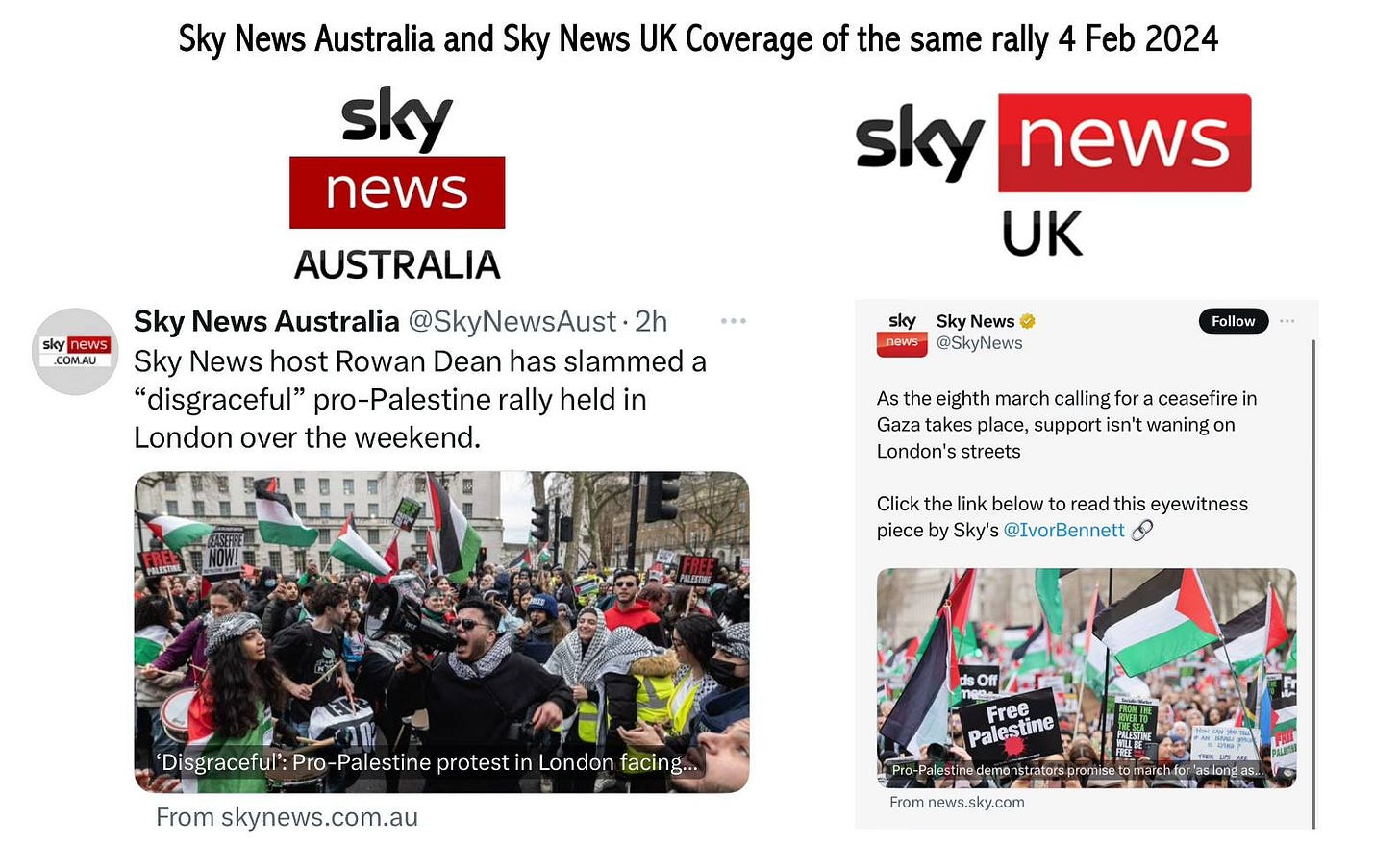 May be an image of text that says "Sky News Australia and Sky News UK Coverage of the same rally 4 Feb 2024 sky sky news news UK news COM.AU AUSTRALIA Sky News Australia @SkyNewsAust· 2h Sky News host Rowan Dean has slammed a "disgraceful" pro-Palestine rally held in London over the weekend. sky news Sky News @SkyNews Follow As the eighth march calling for ceasefire in Gaza takes place, support isn't waning on London's streets Click piece ink below read this eyewitness Sky's @IvorBennett Ο 'Disgraceful': Pro Palestine protest in London facing... From skynews.com.au Free Palestine Pro for Fromnews.ky.com" May be an image of text that says "Sky News Australia and Sky News UK Coverage of the same rally 4 Feb 2024 sky sky news news UK news COM.AU AUSTRALIA Sky News Australia @SkyNewsAust· 2h Sky News host Rowan Dean has slammed a "disgraceful" pro-Palestine rally held in London over the weekend. sky news Sky News @SkyNews Follow As the eighth march calling for ceasefire in Gaza takes place, support isn't waning on London's streets Click piece ink below read this eyewitness Sky's @IvorBennett Ο 'Disgraceful': Pro Palestine protest in London facing... From skynews.com.au Free Palestine Pro for Fromnews.ky.com"