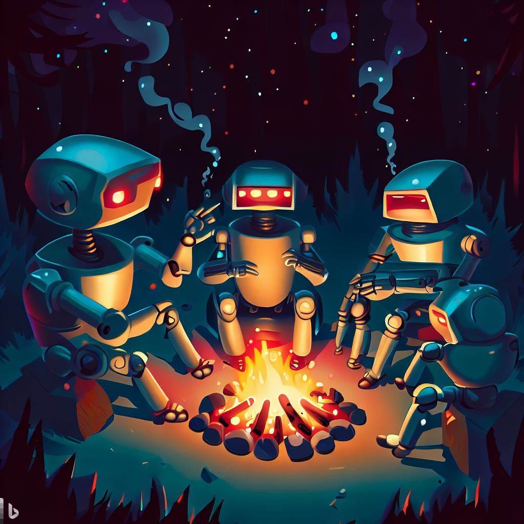 Robots telling stories around a campfire Robots telling stories around a campfire