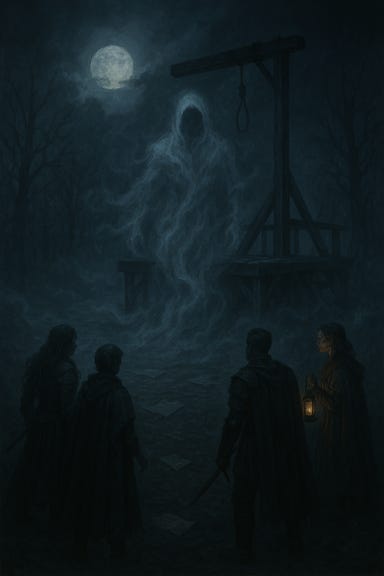 Create a dreamlike, symbolic memory of the Gallows Speaker. Show an empty wooden gallows platform shrouded in thick, drifting mist. From the mist, a vague spectral silhouette begins to form—humanoid in outline but indistinct, as if made of smoke and sorrow. The rope hangs loose and unoccupied, swaying gently in an unseen wind. Torn parchment pages flutter across the ground, illuminated by pale moonlight breaking through the fog. The atmosphere should feel haunting, quiet, and mournful, with no bodies, no violence, and no explicit harm—only the suggestion of a memory shaped by guilt and echoes.